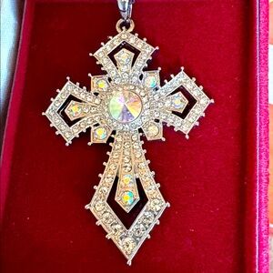 Vintage Penelope Ann Anglo Saxon Christian Cross Necklace Silver AB Rhinestones